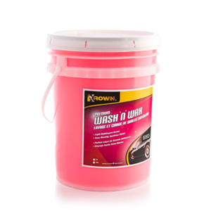 Clear 20L container of pink wash & wax product.