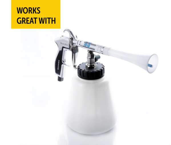 Air-assisted detailing gun with product container attachment.